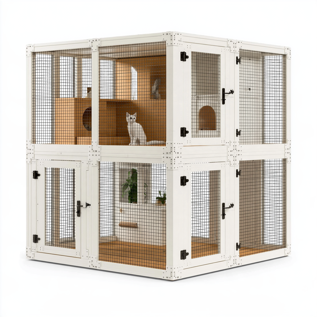 Enclos pour chat 180 x 90 x 180 cm en bois blanc et métal - habitat intérieur à plusieurs niveaux
