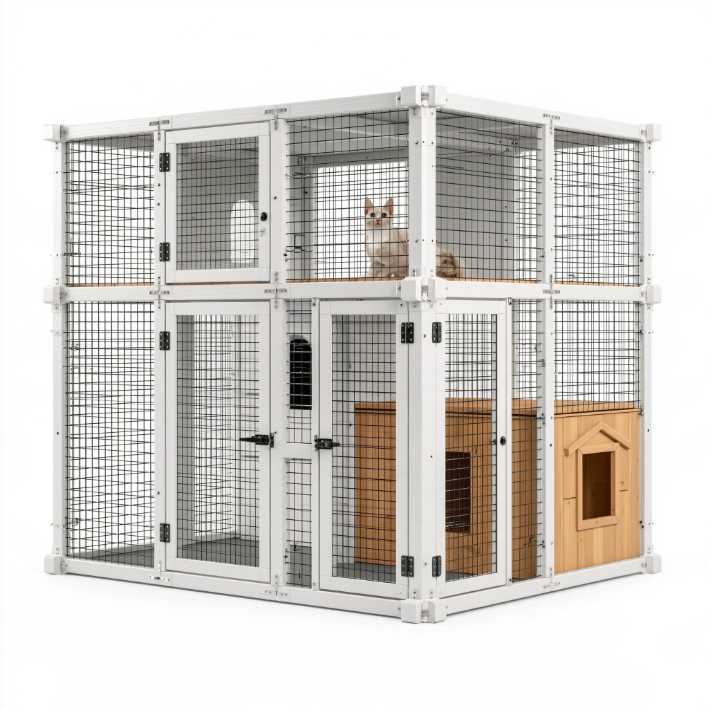 Enclos pour chat 180 x 90 x 180 cm en métal blanc avec abri en bois à deux niveaux