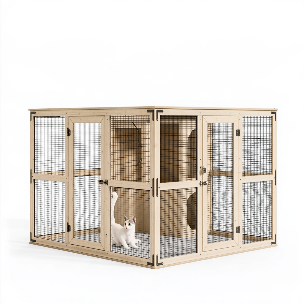 Enclos pour chat 180 x 90 x 110 cm en bois beige avec grillage noir style industriel