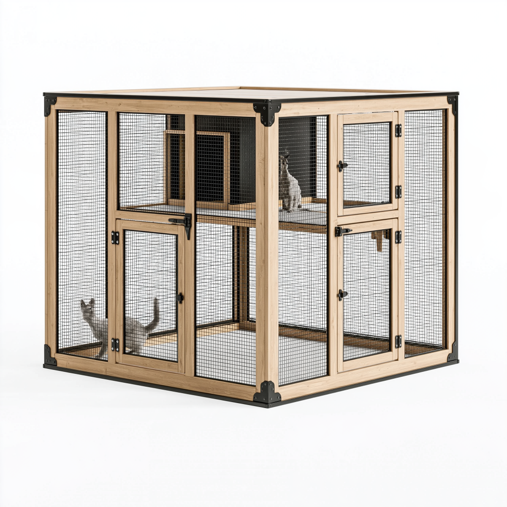 Enclos pour chats 180 x 90 x 180 cm en bois naturel et métal noir à plusieurs niveaux