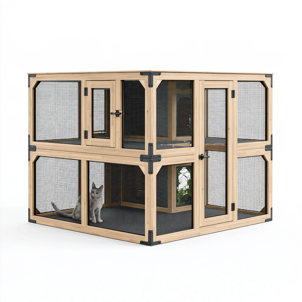 Enclos extérieur pour chat 180 x 90 x 180 cm en bois naturel et métal noir à deux niveaux