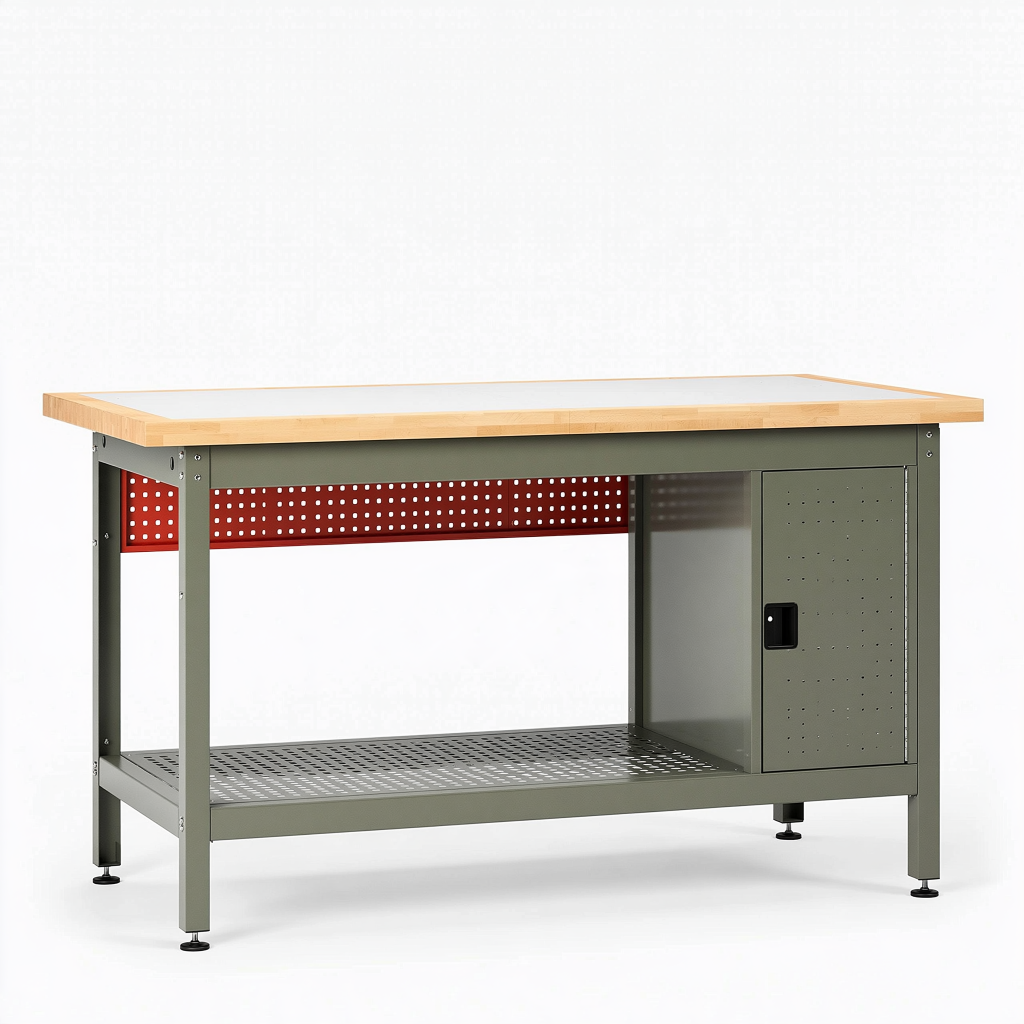 Établi 152 x 76 x 91 cm en acier et bambou vert olive avec rangement atelier