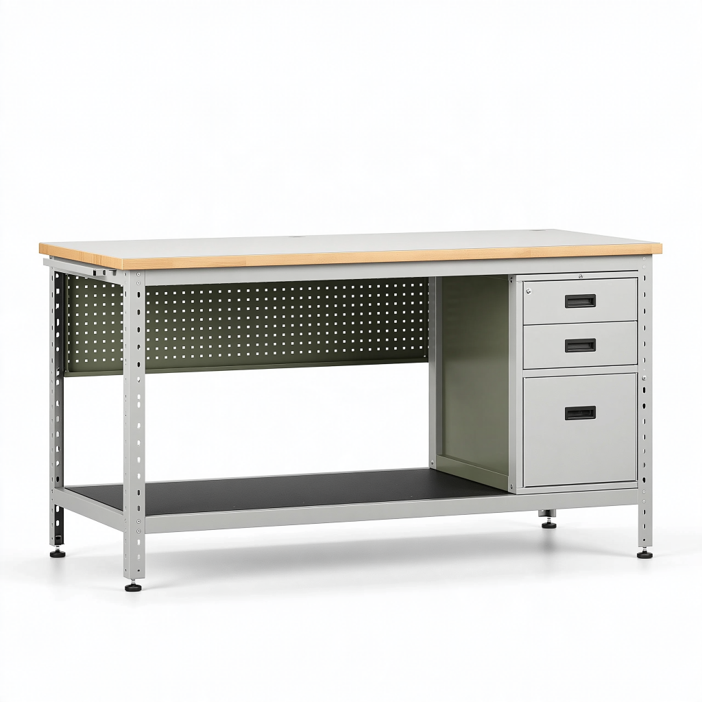 Établi d atelier 120 x 60 x 90 cm en acier gris avec plateau en bois et 3 tiroirs
