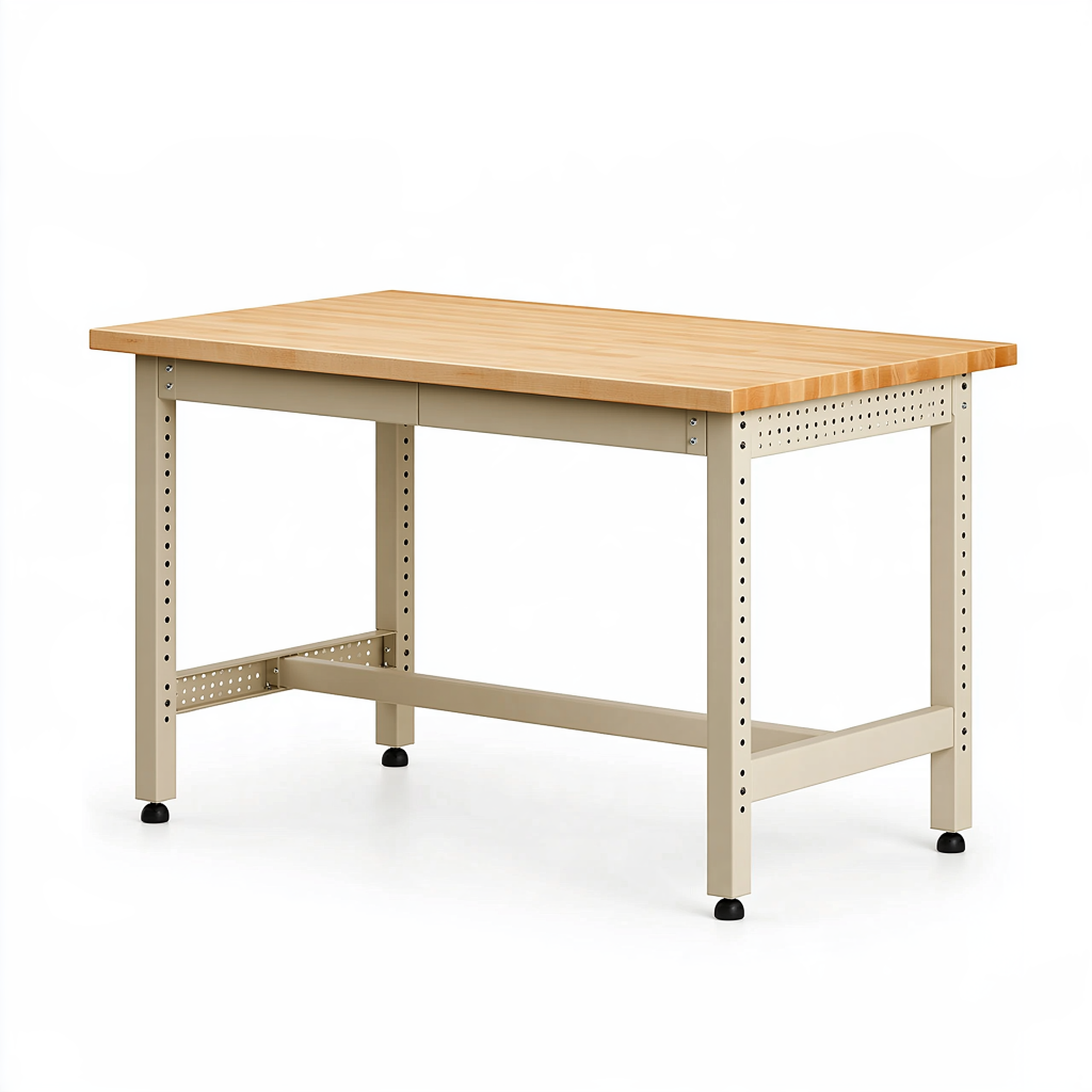 Établi 120 x 60 x 90 cm en bois et acier beige réglable pour atelier