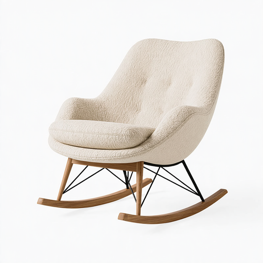 Fauteuil à bascule 75 x 90 x 100 cm en tissu bouclette crème avec structure bois et métal
