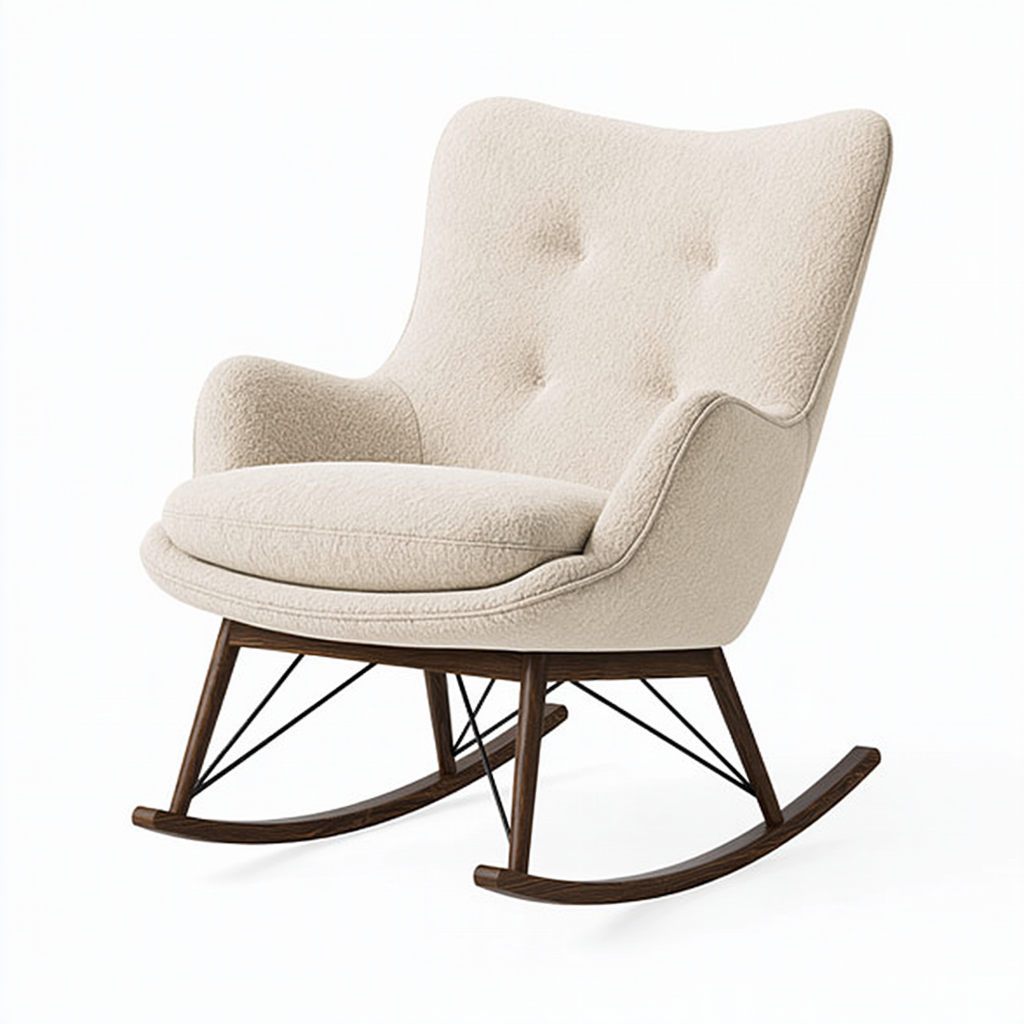 Fauteuil à bascule 75 x 90 x 100 cm en tissu bouclette beige avec structure en bois