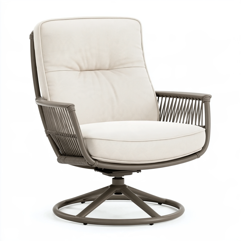 Fauteuil pivotant 82 x 85 x 100 cm en métal et corde taupe avec tissu blanc style contemporain