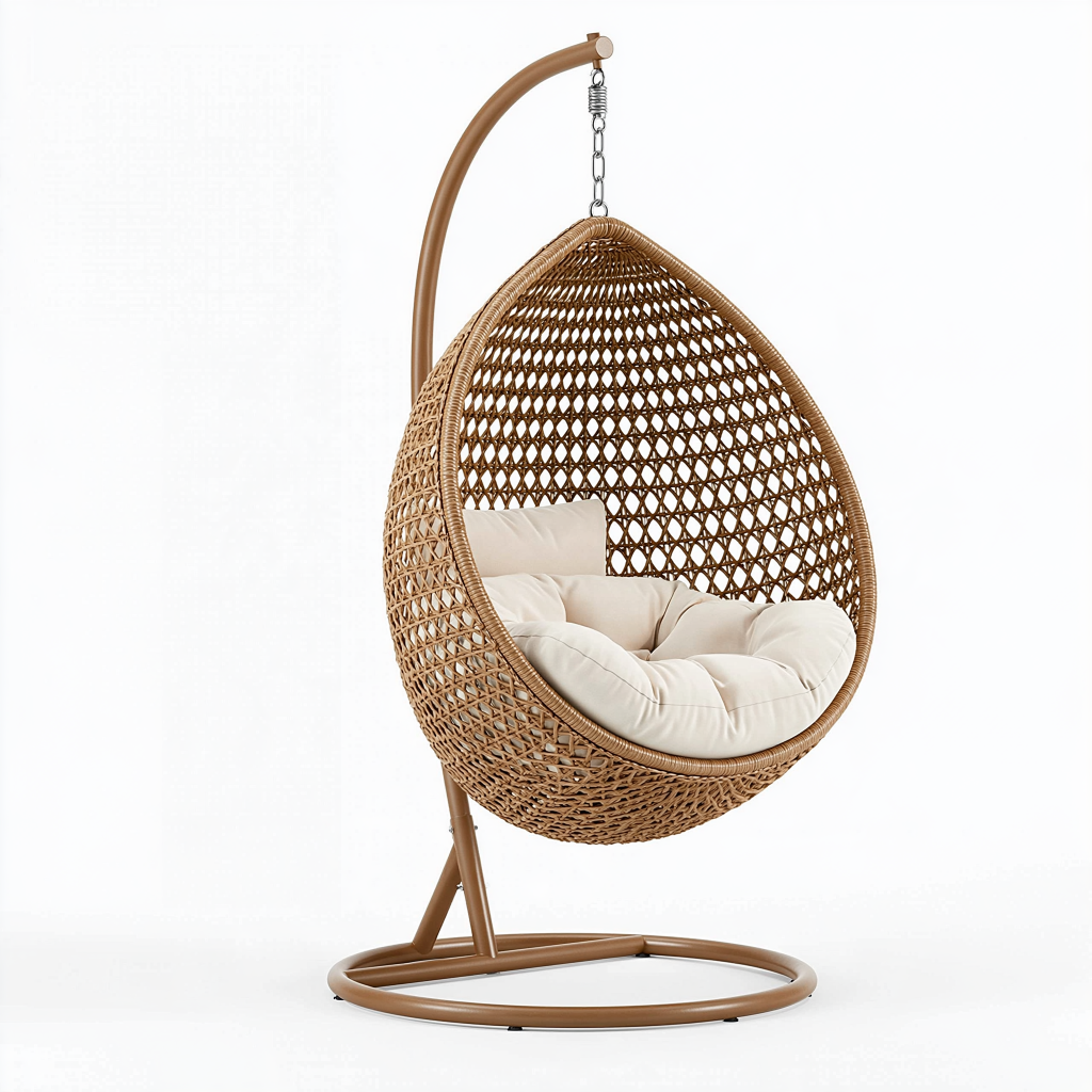 Fauteuil suspendu 105 x 105 x 195 cm en fibres tressées marron avec support pour intérieur et jardin