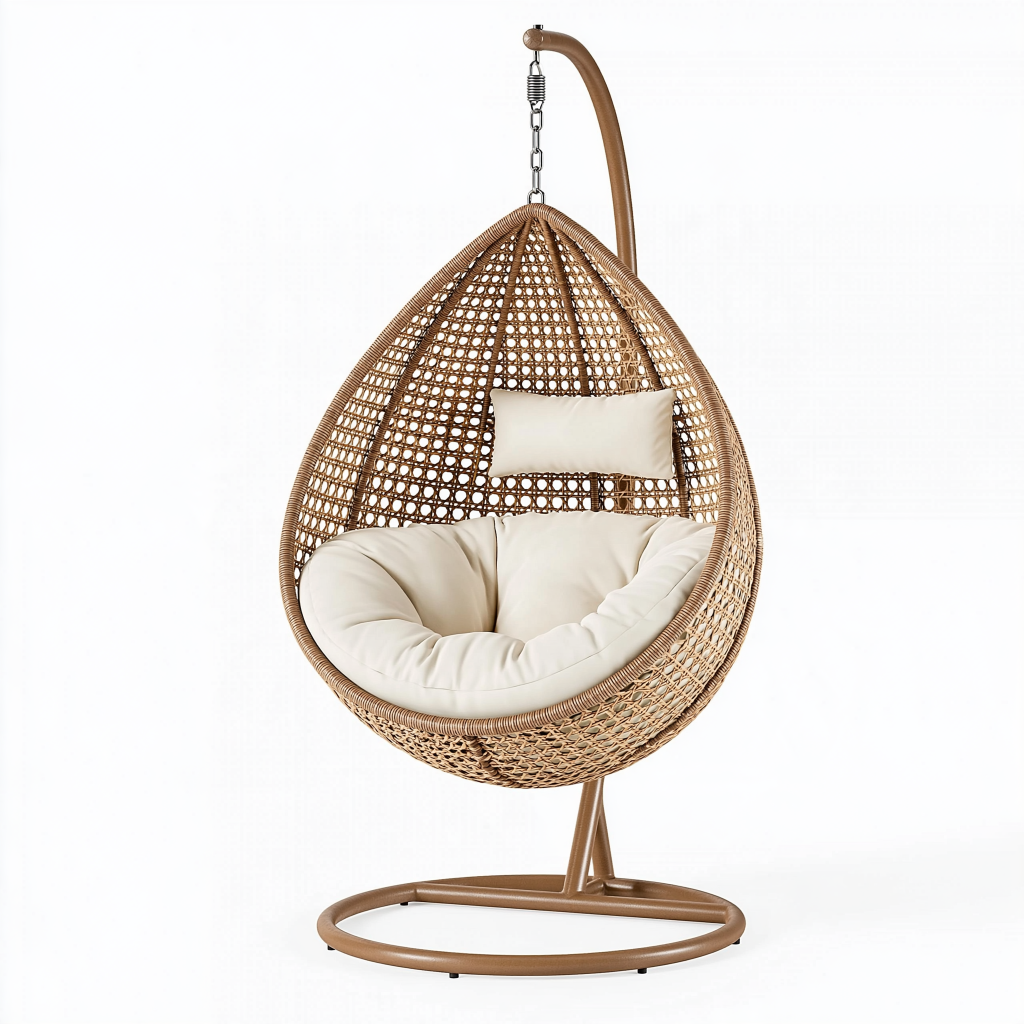 Fauteuil suspendu 105 x 105 x 195 cm en fibre tressée naturel et métal avec assise rembourrée style bohème