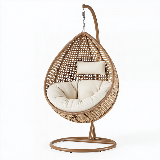 Fauteuil suspendu 105 x 105 x 195 cm en fibre tressée naturel et métal avec assise rembourrée style bohème
