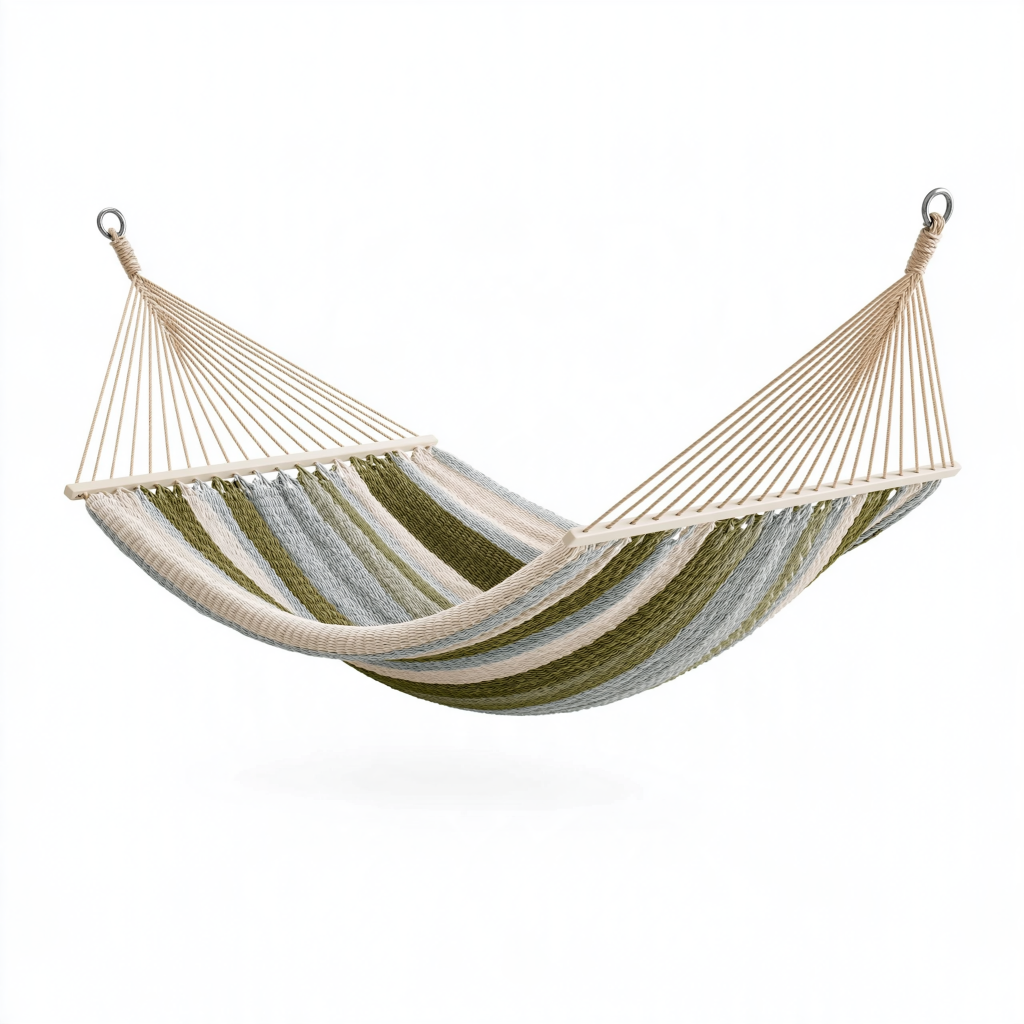 Hamac 300 x 100 cm en coton et polyester vert beige gris avec barres en bois pour jardin