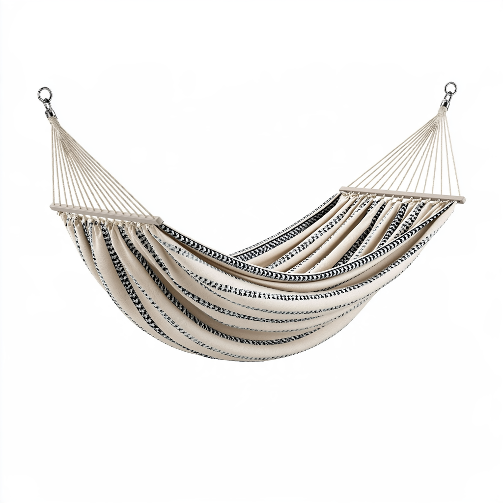 Hamac 300 x 150 cm en tissu beige et noir avec barres en bois pour jardin