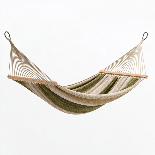Hamac 300 x 150 cm en coton vert et beige avec barres en bois pour jardin