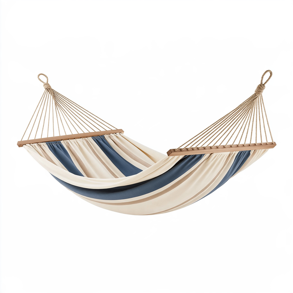 Hamac 300 x 100 cm en tissu rayé beige bleu avec barres en bois pour jardin