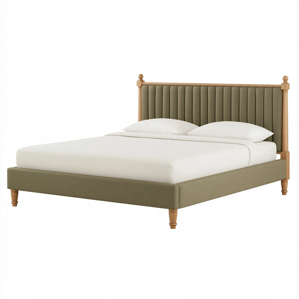 Lit 160 x 200 cm en bois et tissu kaki - tête de lit capitonnée style classique