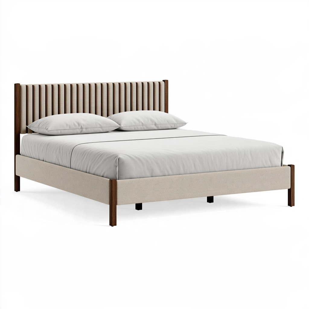 Lit double 160 x 200 cm en bois et tissu beige style contemporain à tête de lit rainurée