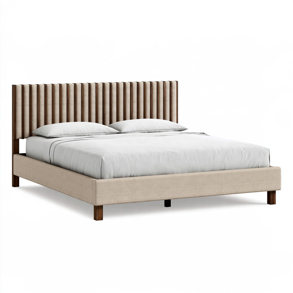 Lit double 160 x 200 cm en tissu beige et bois avec tête de lit capitonnée verticale