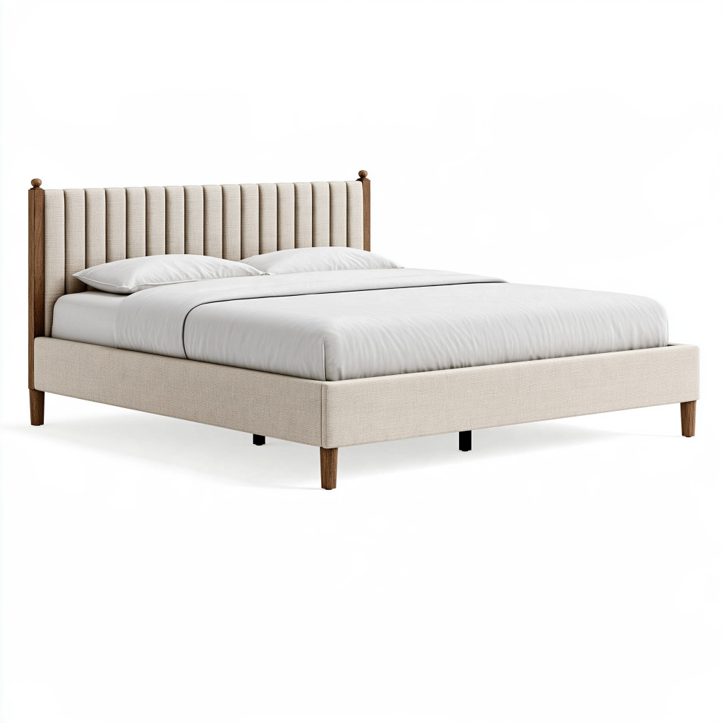 Lit double 160 x 200 cm en tissu beige et bois style contemporain avec tête de lit capitonnée