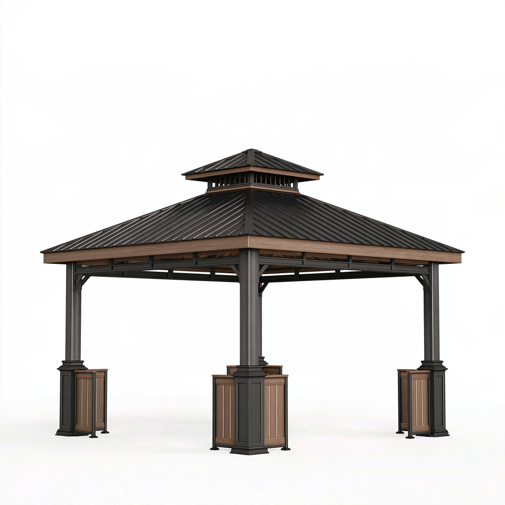 Tonnelle de jardin 300 x 300 x 300 cm en métal noir aspect bois à toit double pour terrasse