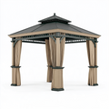 Tonnelle de jardin 300 x 300 cm en métal beige et noir avec toit rigide et rideaux style classique