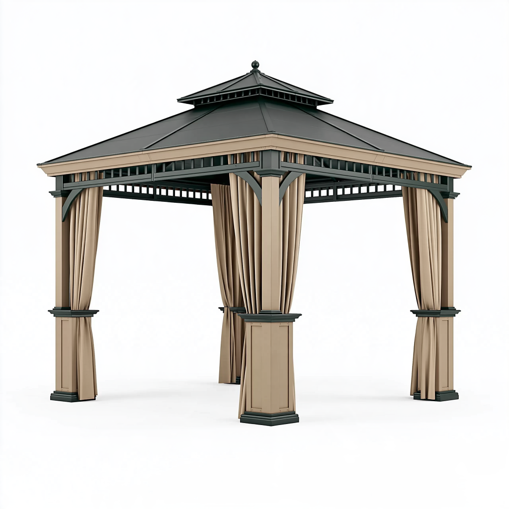 Tonnelle de jardin 300 x 300 cm en métal beige et noir avec toit rigide et rideaux style classique