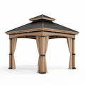 Tonnelle de jardin 300 x 300 cm en métal beige et noir avec rideaux et toit ventilé