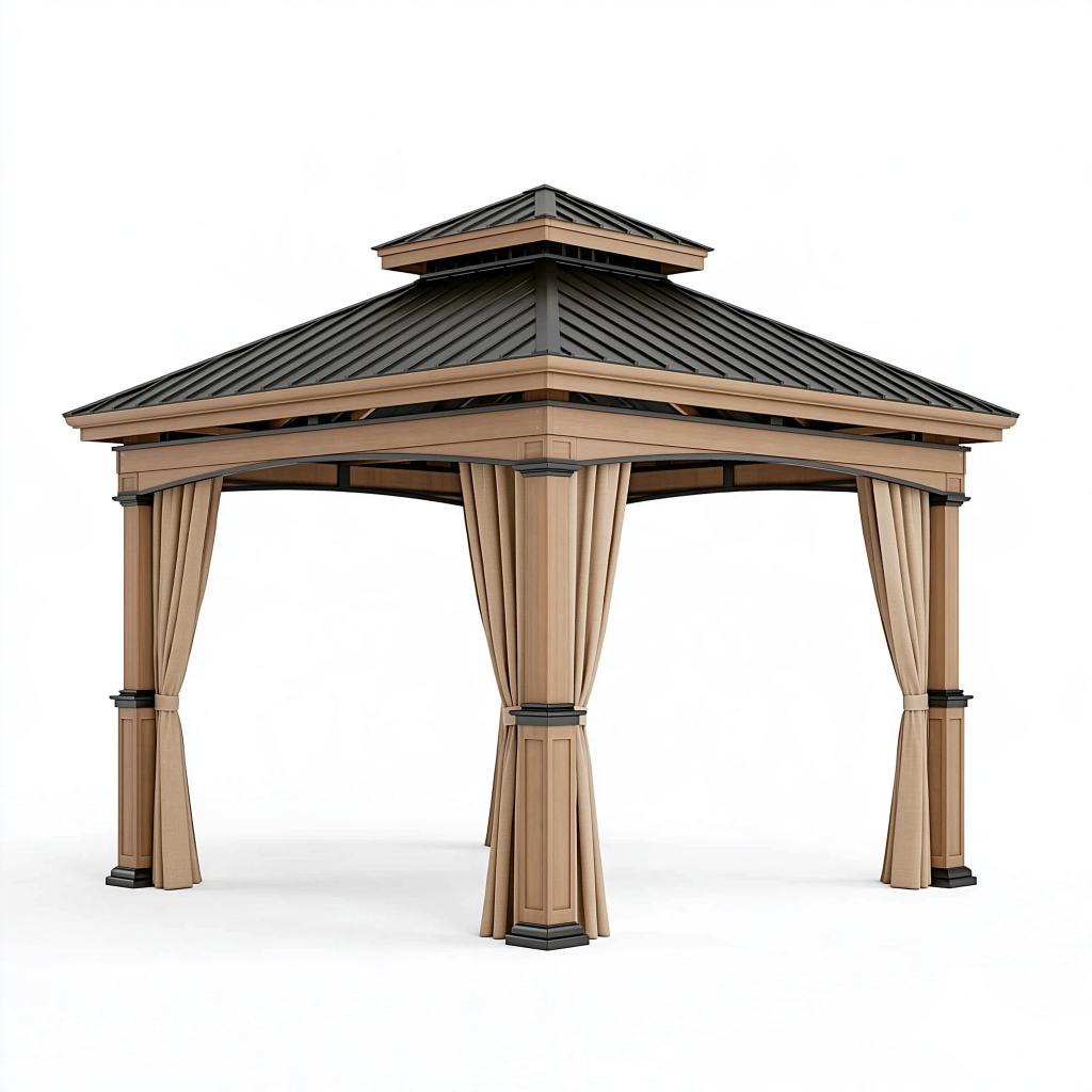 Tonnelle de jardin 300 x 300 cm en métal beige et noir avec rideaux et toit ventilé