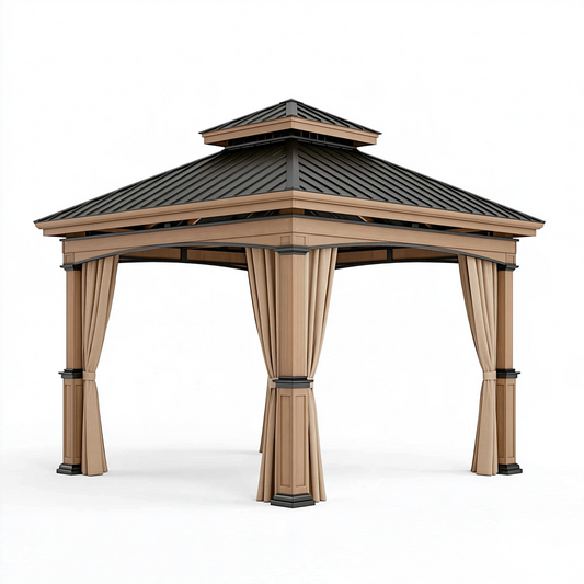 Tonnelle de jardin 300 x 300 cm en métal beige et noir avec rideaux et toit ventilé