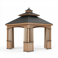 Tonnelle de jardin 300 x 300 x 330 cm en bois beige avec toit noir et rideaux
