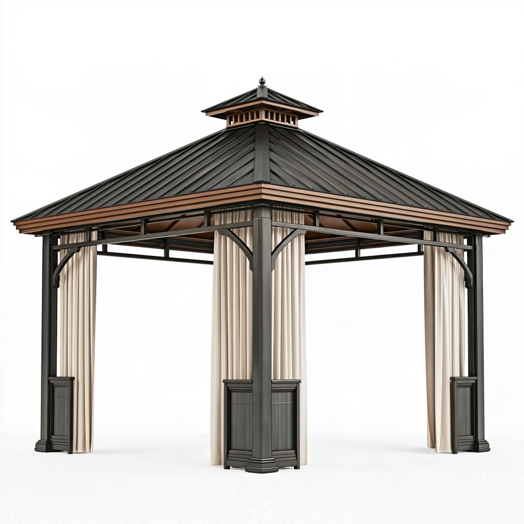 Pavillon de jardin 300 x 300 x 300 cm acier noir et brun avec rideaux style classique